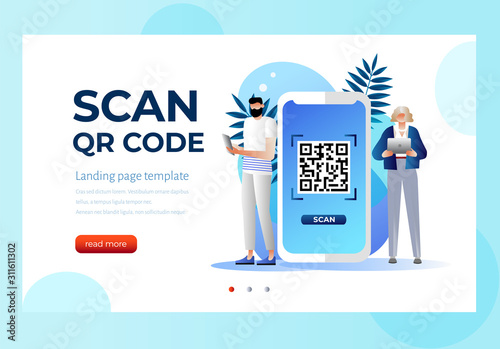 QR code scanning vector illustration concept, people use smartphone and scan QR code for payment and everything. Landing page template