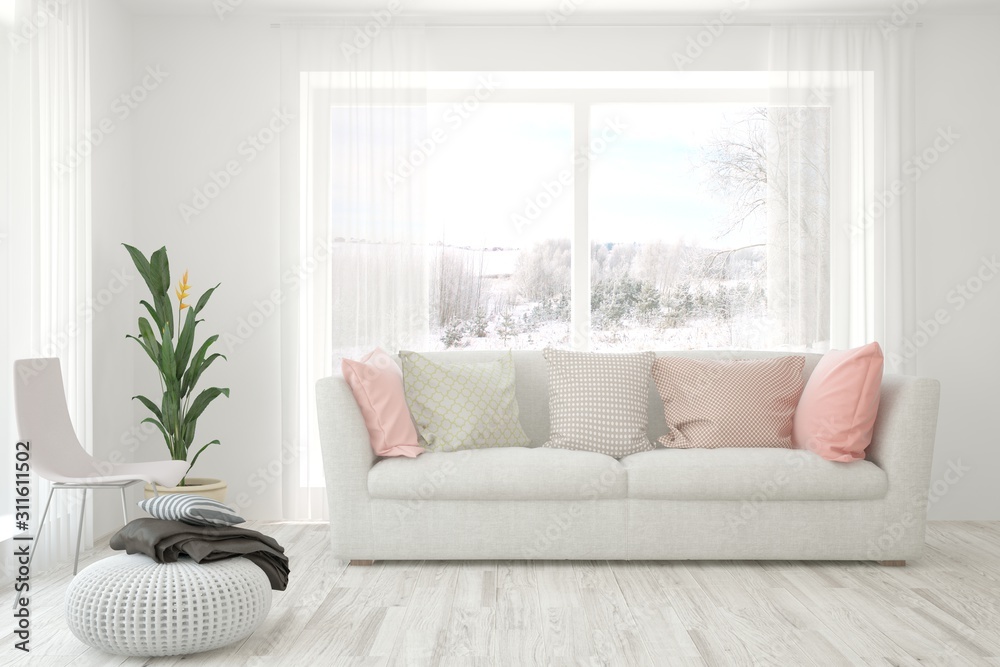 Fototapeta premium Stylish room in white color with sofa and winter landscape in window. Scandinavian interior design. 3D illustration