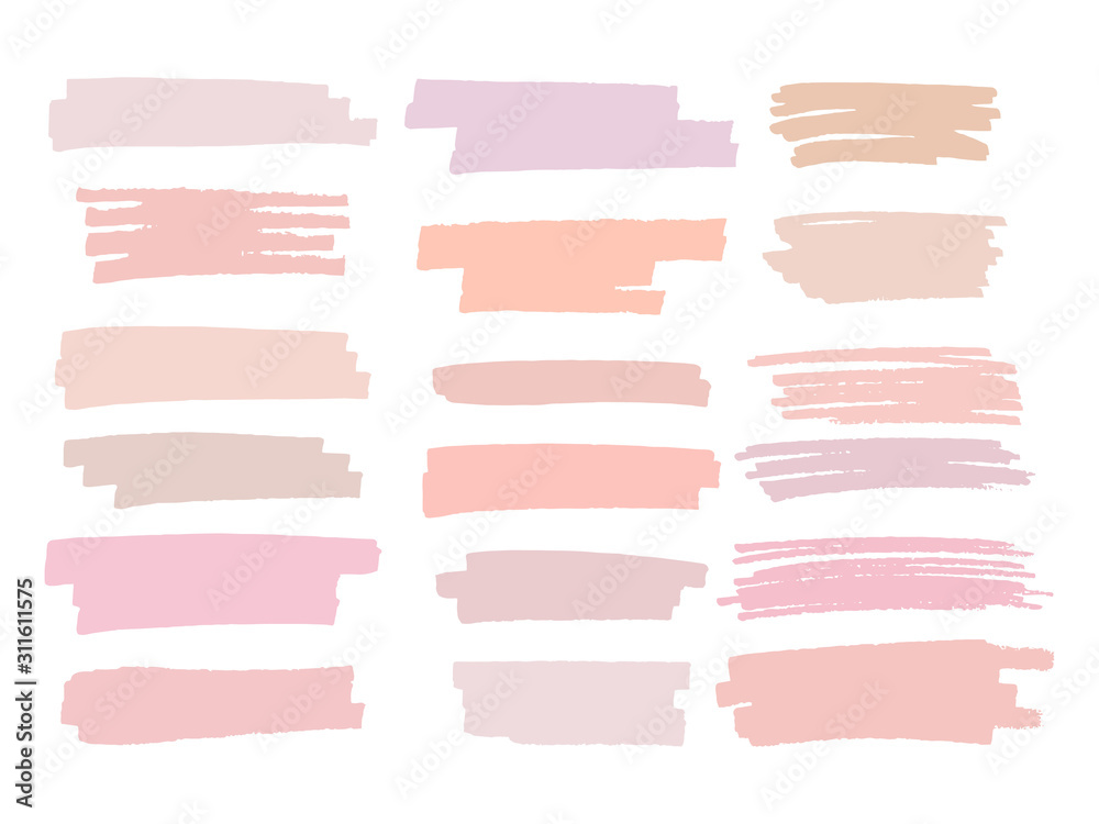 Set of pastel brush strokes and spots on a white background. Rose gold paint brush. Vector