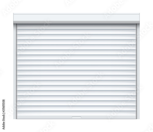 Rolling shutter door. Roller garage metal gate. Electric roll white window background shutter