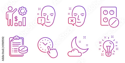 Night weather, Medical prescription and Time management line icons set. Medical tablet, Face declined and Employees wealth signs. Face attention, Idea symbols. Sleep, Medicine drugs. Vector