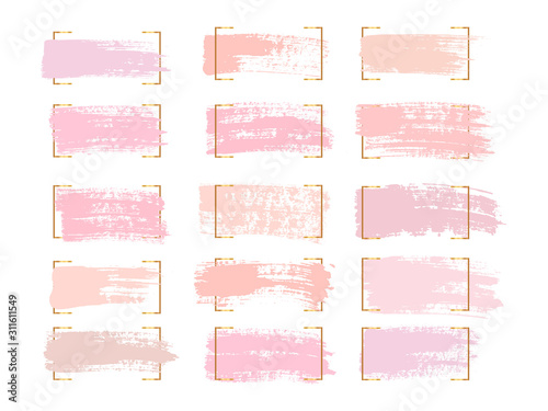 Set of pastel brush strokes and spots on a white background. Rose gold paint brush. Vector