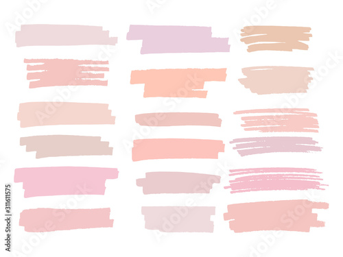 Set of pastel brush strokes and spots on a white background. Rose gold paint brush. Vector