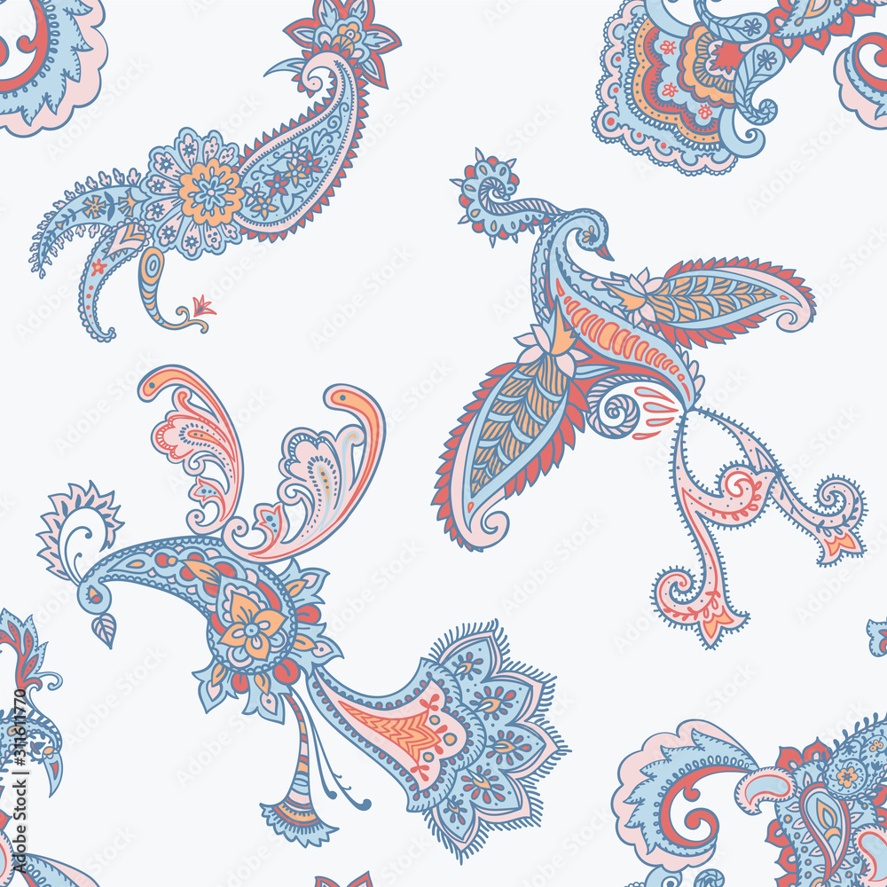 Obraz premium Paisley animal background. Seamless pattern with fantasy birds isolated on white. Firebirds in Paisley style. Folk Oriental motif.