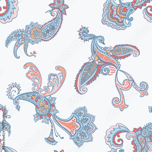 Paisley animal background. Seamless pattern with fantasy birds isolated on white. Firebirds in Paisley style. Folk Oriental motif.