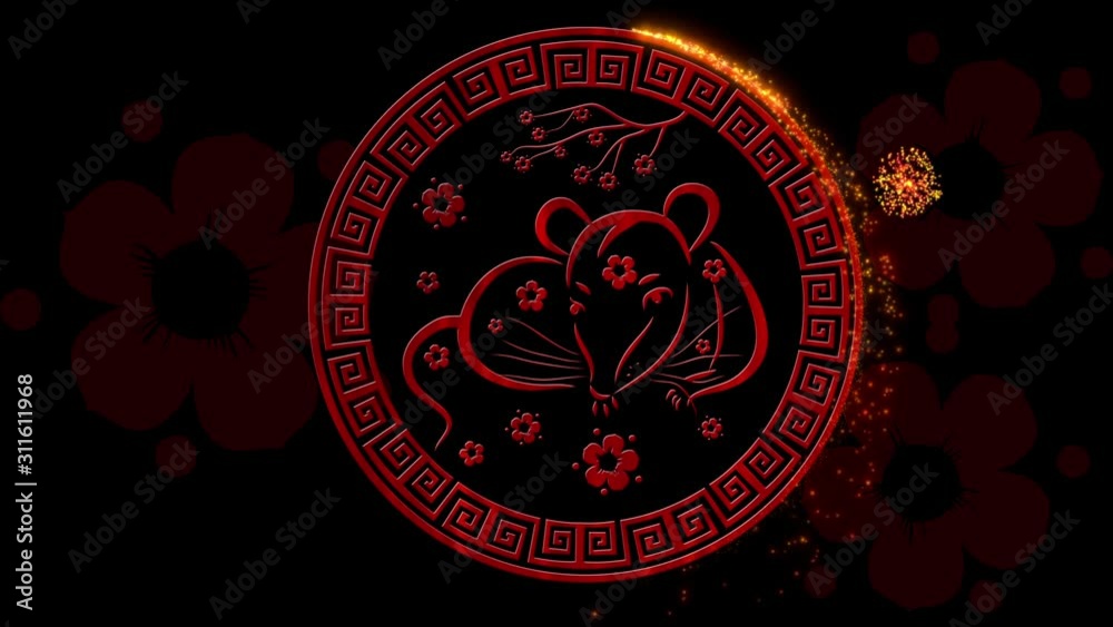 Lunar New Year, Spring Festival background with rat simbol, sakura, glittering fireworks. Chinese new year black magical night backdrop for holiday event 3D rendering animation. Seamless loop 4k video Lunar New Year, Spring Festival background with rat simbol, sakura, glittering fireworks. Chinese new year black magical night backdrop for holiday event 3D rendering animation. Seamless loop 4k video