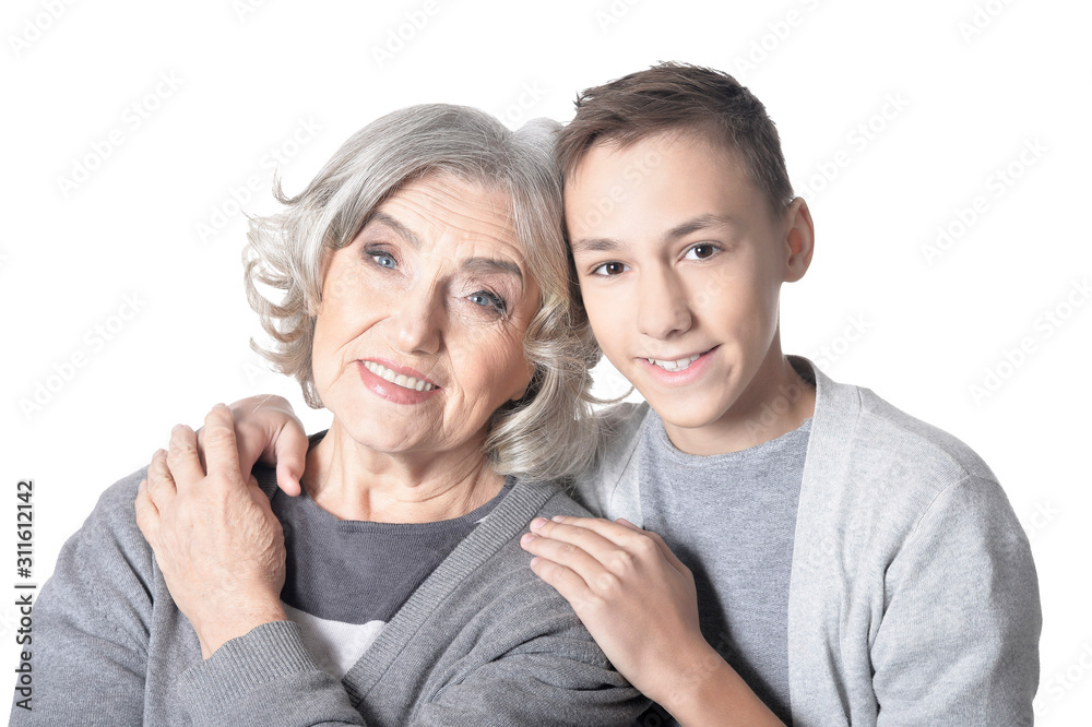 Smiling grandmother and grandson isolated on white background Smiling grandmother and grandson isolated on white background