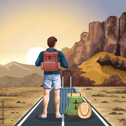 traveler man with suitcases with western sunset landscape, colorful design