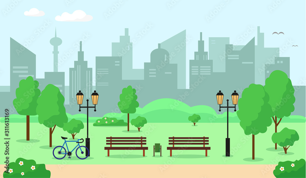 City parc with trees, bench and buildings.
