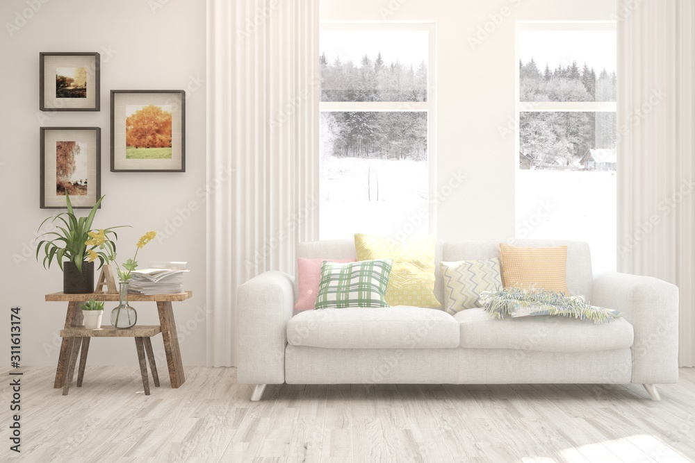 Stylish room in white color with sofa and winter landscape in window. Scandinavian interior design. 3D illustration