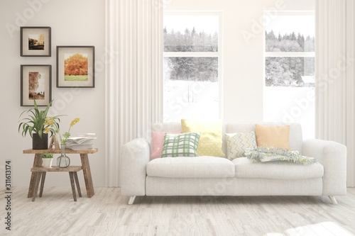 Stylish room in white color with sofa and winter landscape in window. Scandinavian interior design. 3D illustration