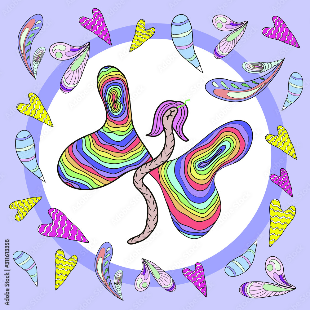 Colorful butterfly with rainbow wings and pink hair Colorful butterfly with rainbow wings and pink hair