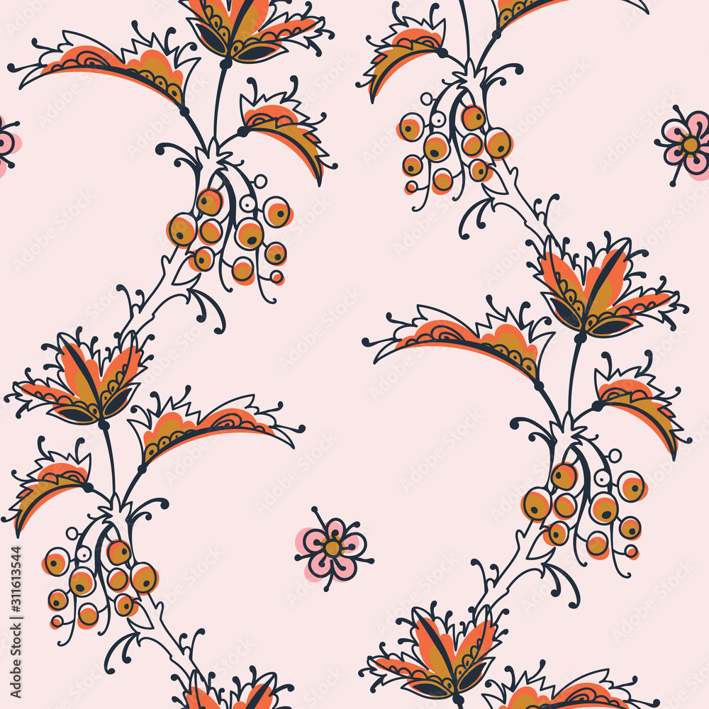 Art folk motif seamless pattern. Floral botanical repeat background. Cute decorative flowers, plants and berries.