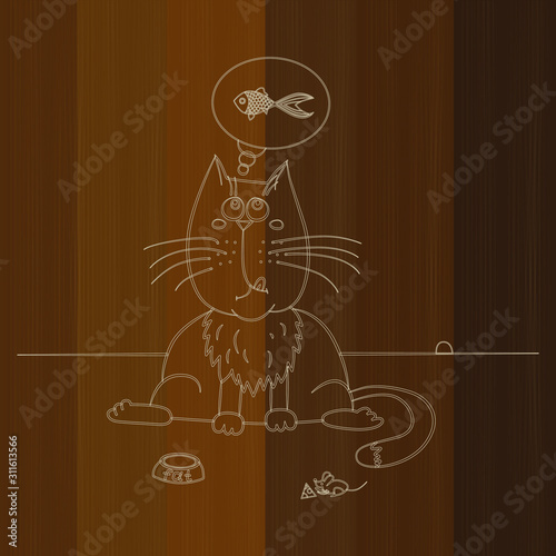 Domestic cat thinks about fish. Figure drawn by black lines. In the picture there is a cat, fish, mouse, cheese, a bowl for food, a mouse hole.