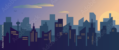 Sunset in modern city. Vector illustration.
