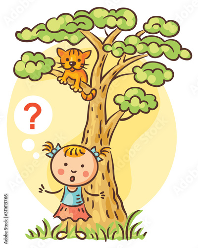 Little girl has lost her kitten, which is on a tree above