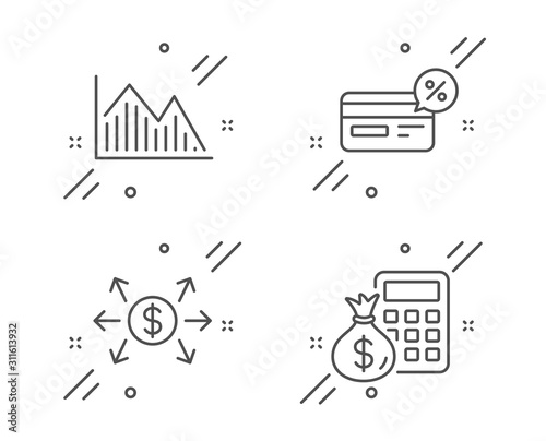 Investment graph, Dollar exchange and Cashback line icons set. Finance calculator sign. Investment infochart, Payment, Non-cash payment. Calculate money. Finance set. Vector