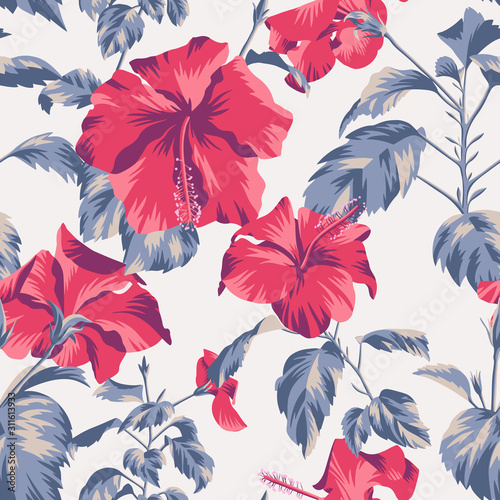 Beautiful botanical repeat background. Floral seamless pattern with Chinese Hibiscus rose flowers. Graphic texture art design  For textile  fabric  fashion  wrapper and surface.