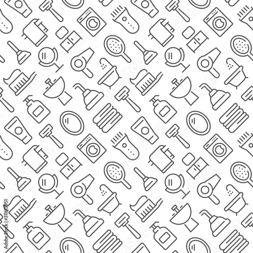 Bathroom related seamless pattern with outline icons
