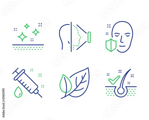 Medical syringe, Leaf and Face id line icons set. Clean skin, Face protection and Anti-dandruff flakes signs. Vaccination, Ecology, Phone scanning. Secure access. Healthcare set. Vector