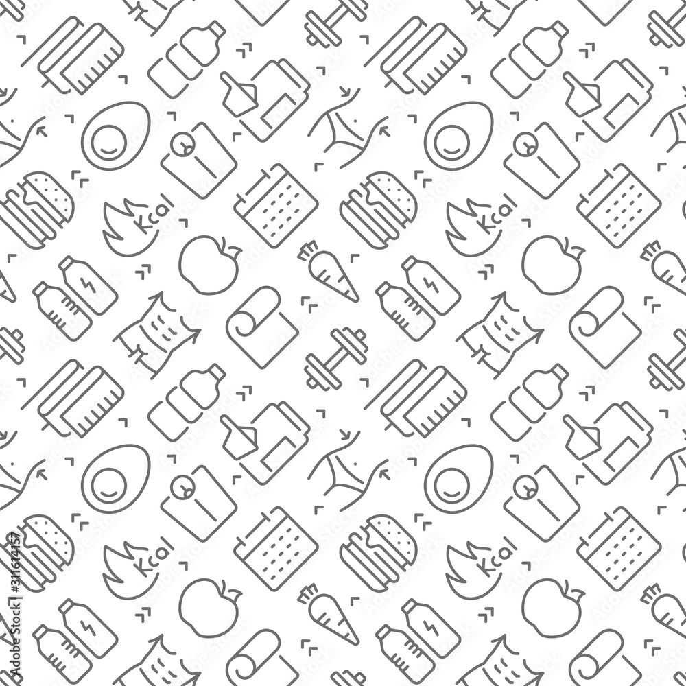 Fitness and diet related seamless pattern with outline icons