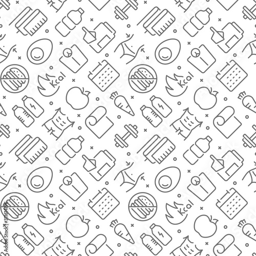 Fitness and diet related seamless pattern with outline icons