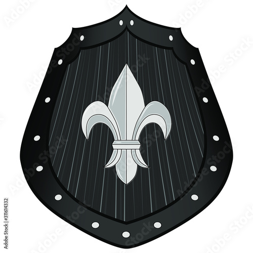 A shield of wood and metal with rivets and a royal lily in the center. The method of protection during the battle shield.