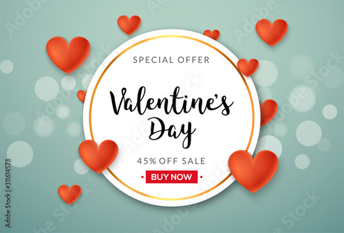 Valentines day sale vector banner background with hearts. Valentine discount holiday poster template for promo sale photo