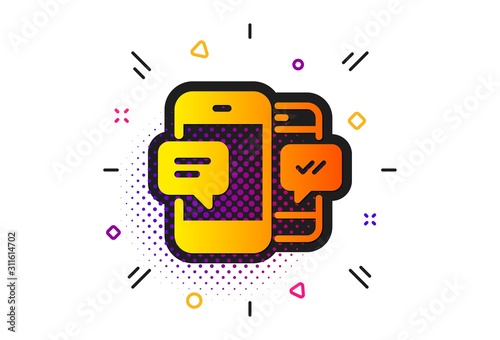 Mobile chat sign. Halftone circles pattern. Phone Message icon. Conversation or SMS symbol. Classic flat smartphone SMS icon. Vector