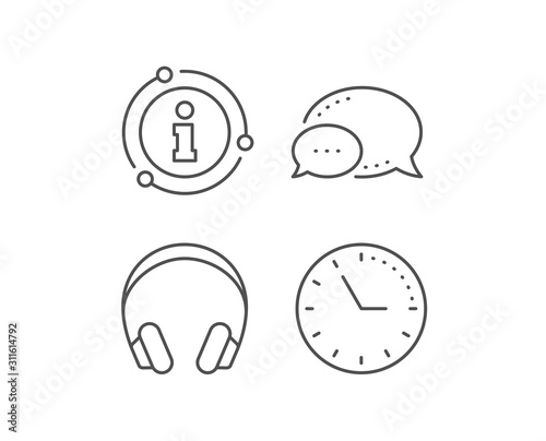 Headphones line icon. Chat bubble, info sign elements. Music listening device sign. DJ or Audio symbol. Linear headphones outline icon. Information bubble. Vector