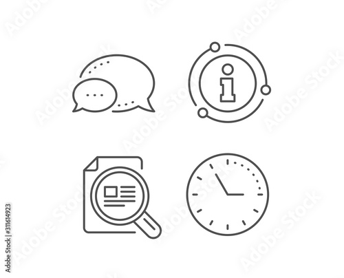 Check article line icon. Chat bubble, info sign elements. Ð¡opyright sign. Magnifying glass symbol. Linear check article outline icon. Information bubble. Vector
