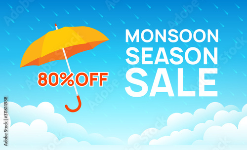 Monsoon sale offer rain season background. Rainy monsoon promotion poster template