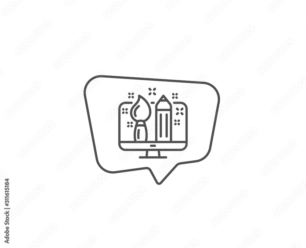 Creative design line icon. Chat bubble design. Graphic designer sign. Brush and pencil symbol. Outline concept. Thin line creative design icon. Vector Creative design line icon. Chat bubble design. Graphic designer sign. Brush and pencil symbol. Outline concept. Thin line creative design icon. Vector