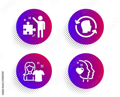 Clean shirt, Face id and Strategy icons simple set. Halftone dots button. Heart sign. Laundry t-shirt, Identification system, Business plan. Love head. People set. Vector
