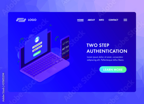 2-step authentication concept. Two steps 2FA Verification password code. Isometric laptop and smartphone with authentication login form UI UX web vector template or landing page