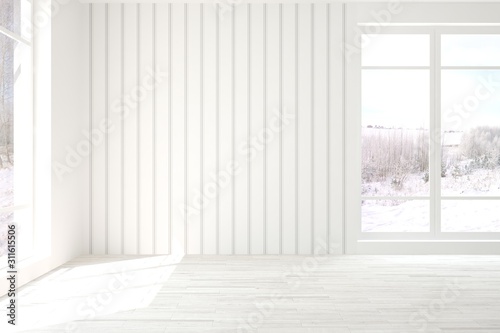 Mock up of empty room in white color with winter landscape in window. Scandinavian interior design. 3D illustration