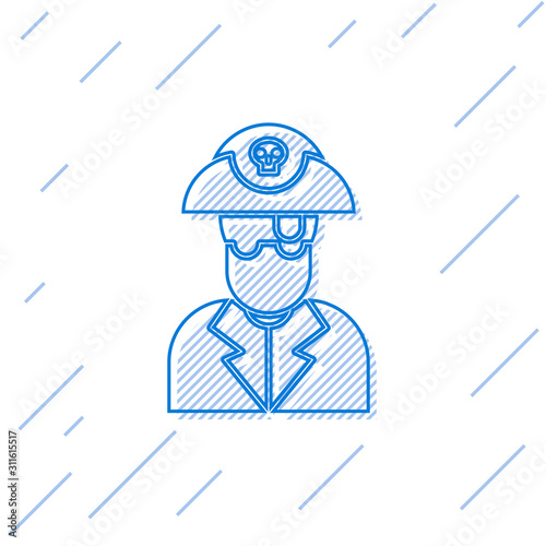 Blue line Pirate captain icon isolated on white background. Vector Illustration