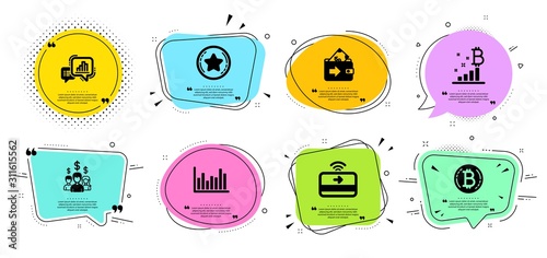 Salary employees, Bar diagram and Bitcoin line icons set. Chat bubbles with quotes. Loyalty star, Wallet and Bitcoin graph signs. Graph chart, Contactless payment symbols. Vector