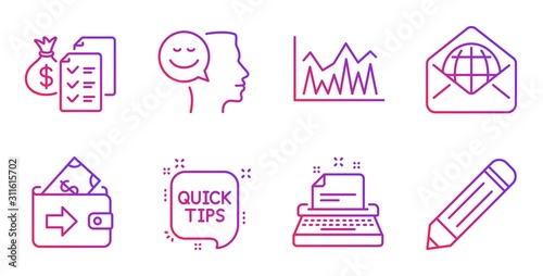 Quick tips, Accounting wealth and Typewriter line icons set. Investment, Web mail and Wallet signs. Good mood, Pencil symbols. Helpful tricks, Audit report. Education set. Vector