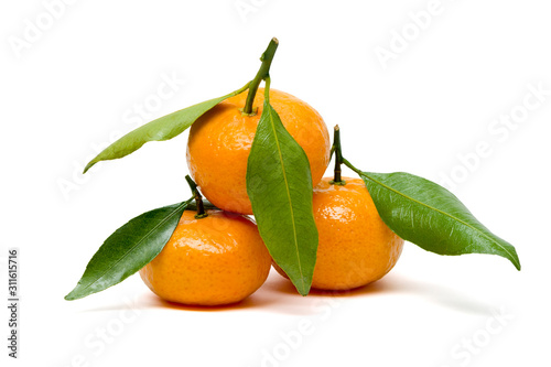 Tangerines or mandarines isolated on white background, orange whole exotic tropical citrus fruits with green leaves, healthy food, diet nutrition