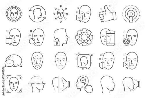Face recognition line icons. Set of Facial biometrics detection, scanning and unlock system icons. Facial scan, identification, Face id. Confirmed person, Biometrics access, Unlock smartphone. Vector