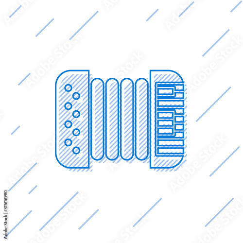 Blue line Musical instrument accordion icon isolated on white background. Classical bayan, harmonic. Vector Illustration