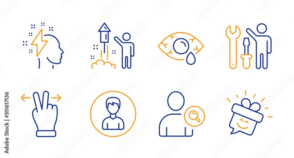 Touchscreen gesture, Find user and Fireworks line icons set. Сonjunctivitis eye, Brainstorming and Person signs. Repairman, Smile symbols. Swipe, Search person. People set. Vector Touchscreen gesture, Find user and Fireworks line icons set. Сonjunctivitis eye, Brainstorming and Person signs. Repairman, Smile symbols. Swipe, Search person. People set. Vector
