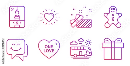 Smile face, Present and Crane claw machine line icons set. Heart, Gingerbread man and One love signs. Bus travel, Gift box symbols. Chat, Gift. Holidays set. Gradient smile face icon. Vector