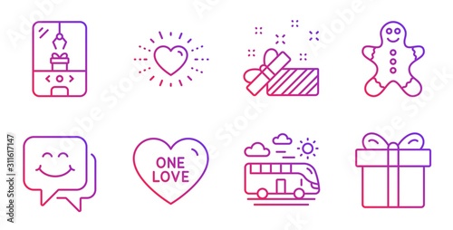 Smile face, Present and Crane claw machine line icons set. Heart, Gingerbread man and One love signs. Bus travel, Gift box symbols. Chat, Gift. Holidays set. Gradient smile face icon. Vector