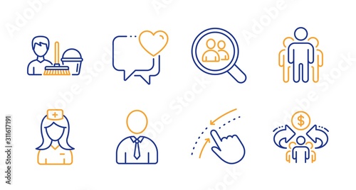 Search employees, Cleaning service and Heart line icons set. Swipe up, Hospital nurse and Group signs. Human, Sharing economy symbols. Staff analysis, Bucket with mop. People set. Vector