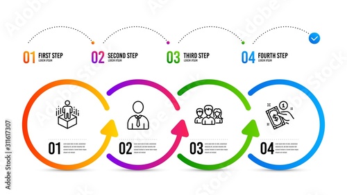 Payment method sign. Infographics timeline. Teamwork, Human and Augmented reality line icons set. Group of users, Person profile, Virtual reality. Give money. People set. Teamwork icon. Vector