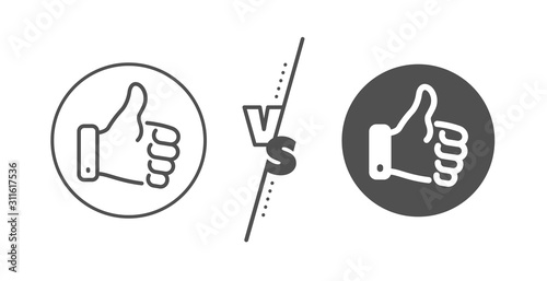 Thumbs up finger sign. Versus concept. Like hand line icon. Gesture symbol. Line vs classic like hand icon. Vector