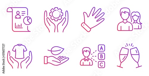 Leaf, Teamwork and Report line icons set. Employee hand, Hand and Opinion signs. Hold t-shirt, Champagne glasses symbols. Plant care, Man with woman. People set. Gradient leaf icon. Vector