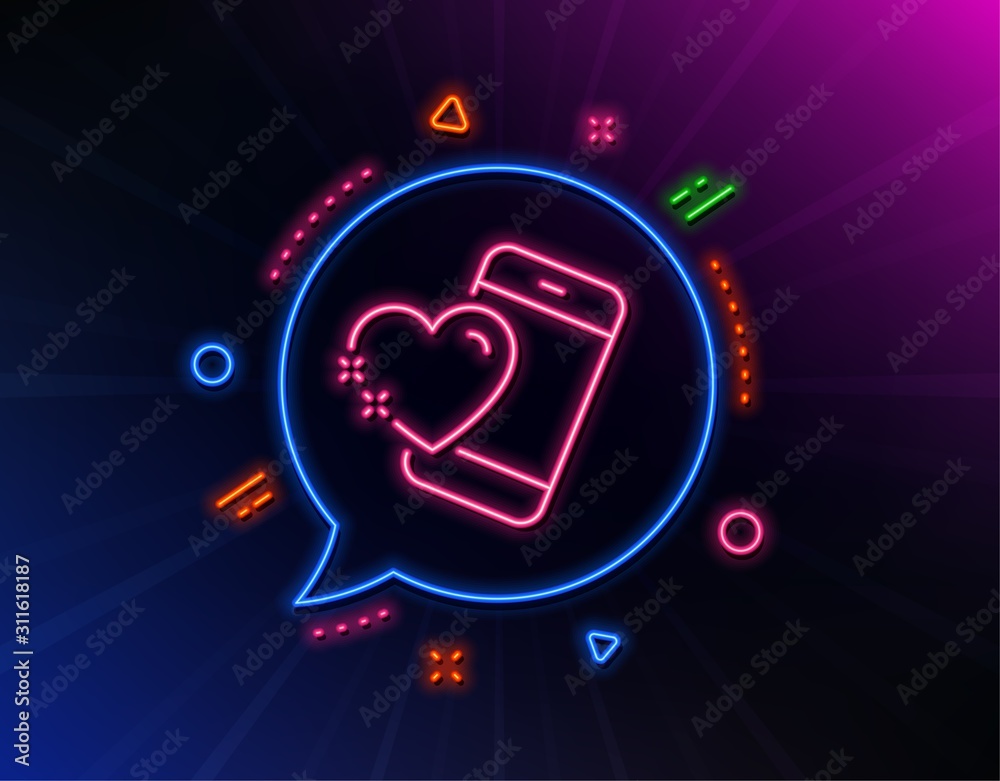 Heart with phone line icon. Neon laser lights. Love emotion sign. Valentine day symbol. Glow laser speech bubble. Neon lights chat bubble. Banner badge with heart icon. Vector